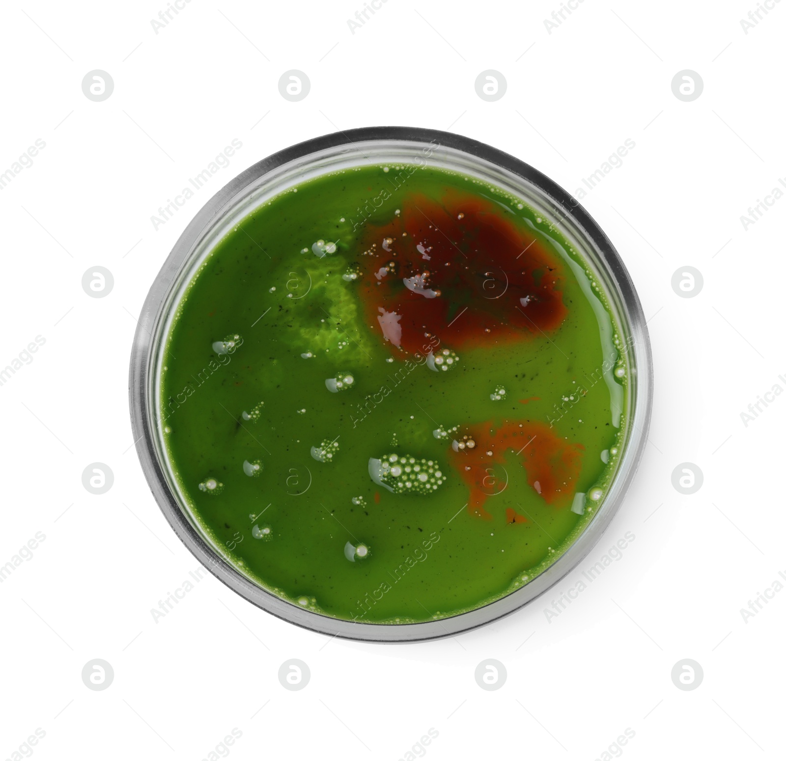 Photo of Petri dish with bacteria isolated on white, top view