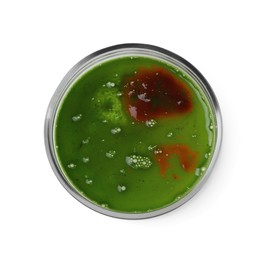 Photo of Petri dish with bacteria isolated on white, top view