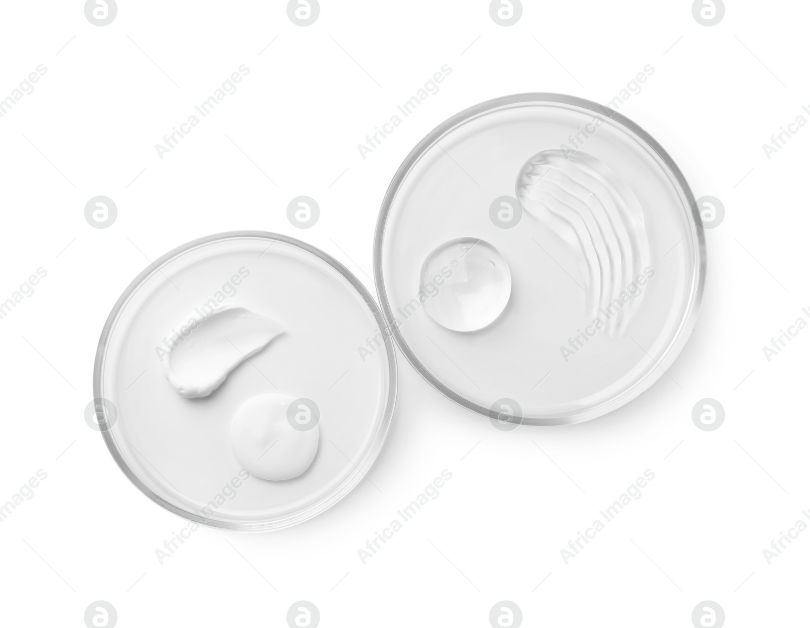 Photo of Petri dishes with different cosmetic products isolated on white, flat lay