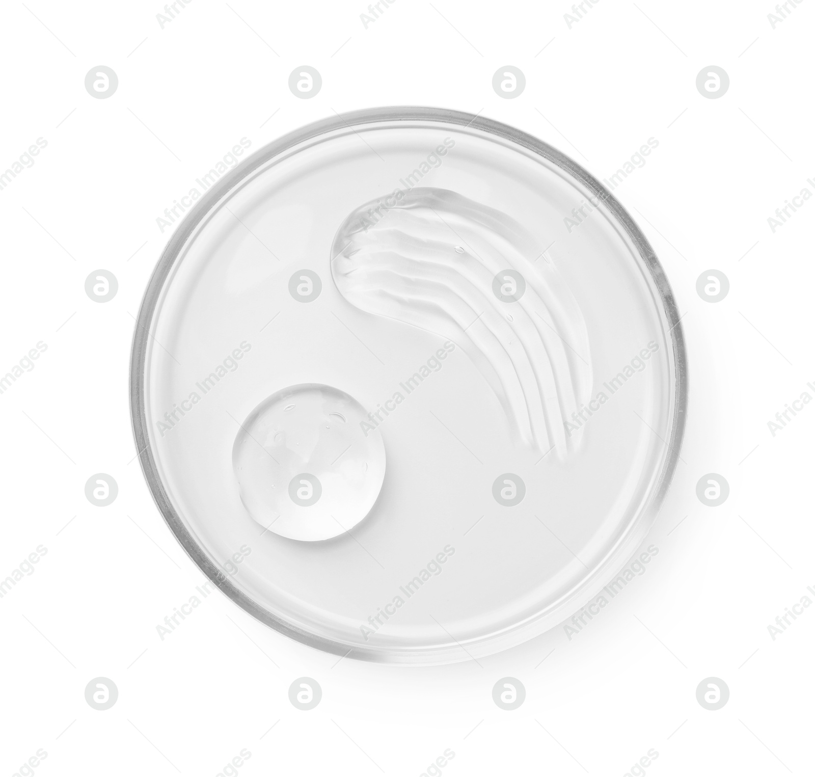 Photo of Petri dish with cosmetic product isolated on white, top view