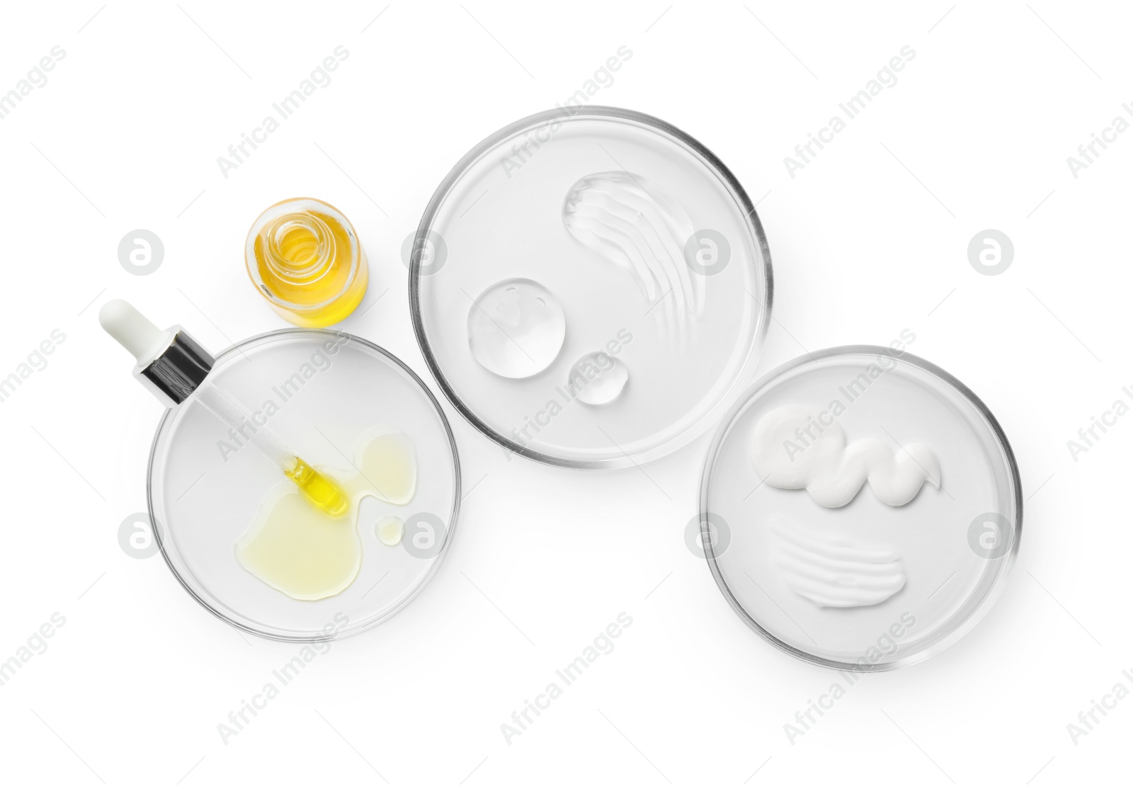 Photo of Petri dishes with different cosmetic products isolated on white, flat lay