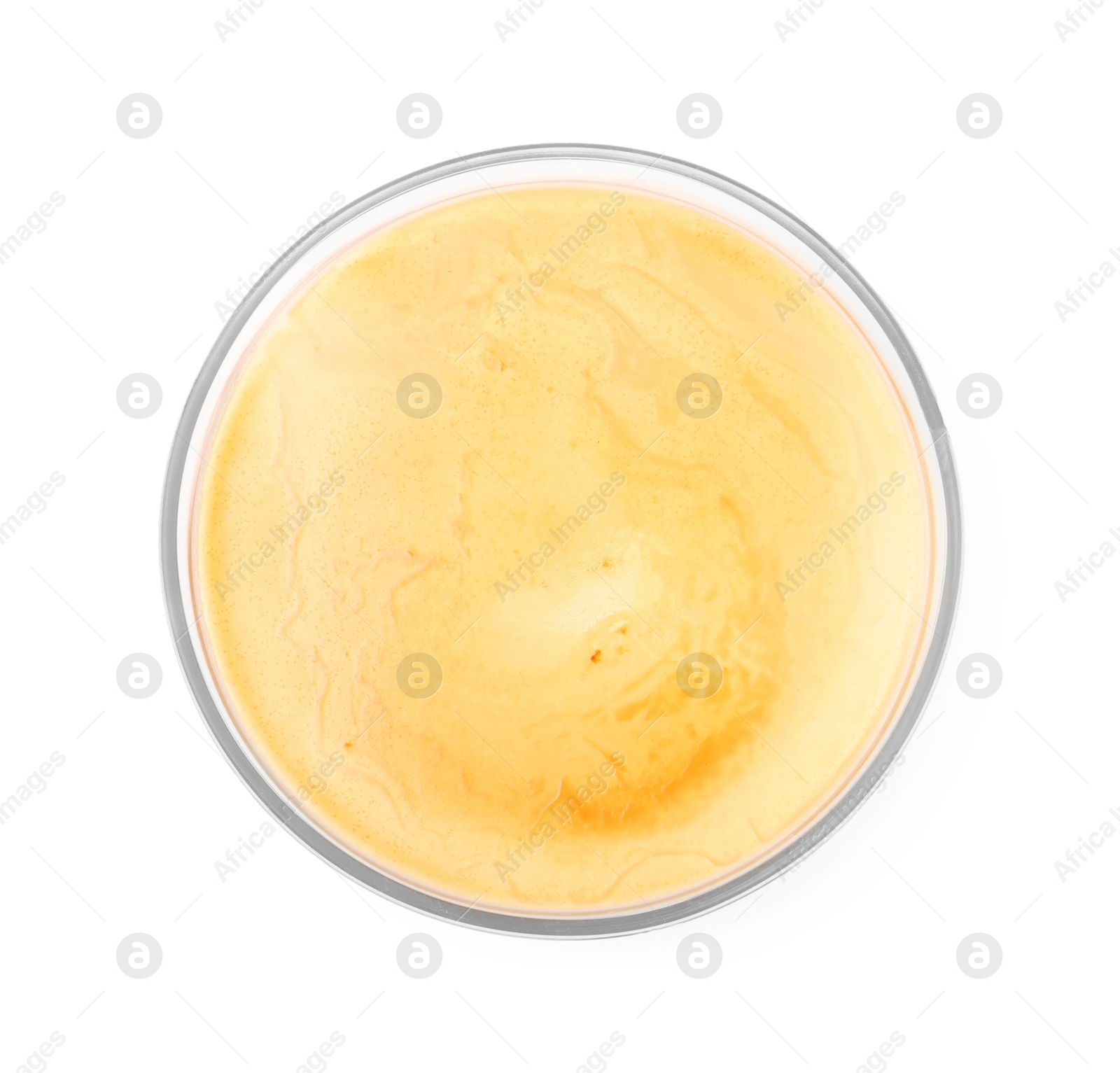 Photo of Petri dish with bacteria isolated on white, top view