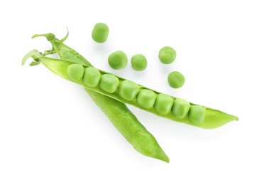 Photo of Green fresh peas and pods isolated on white, top view