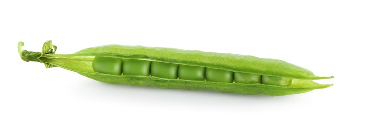 Photo of One green fresh pea pod isolated on white