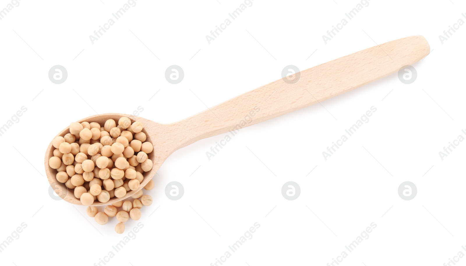 Photo of Spoon with dried peas isolated on white, top view