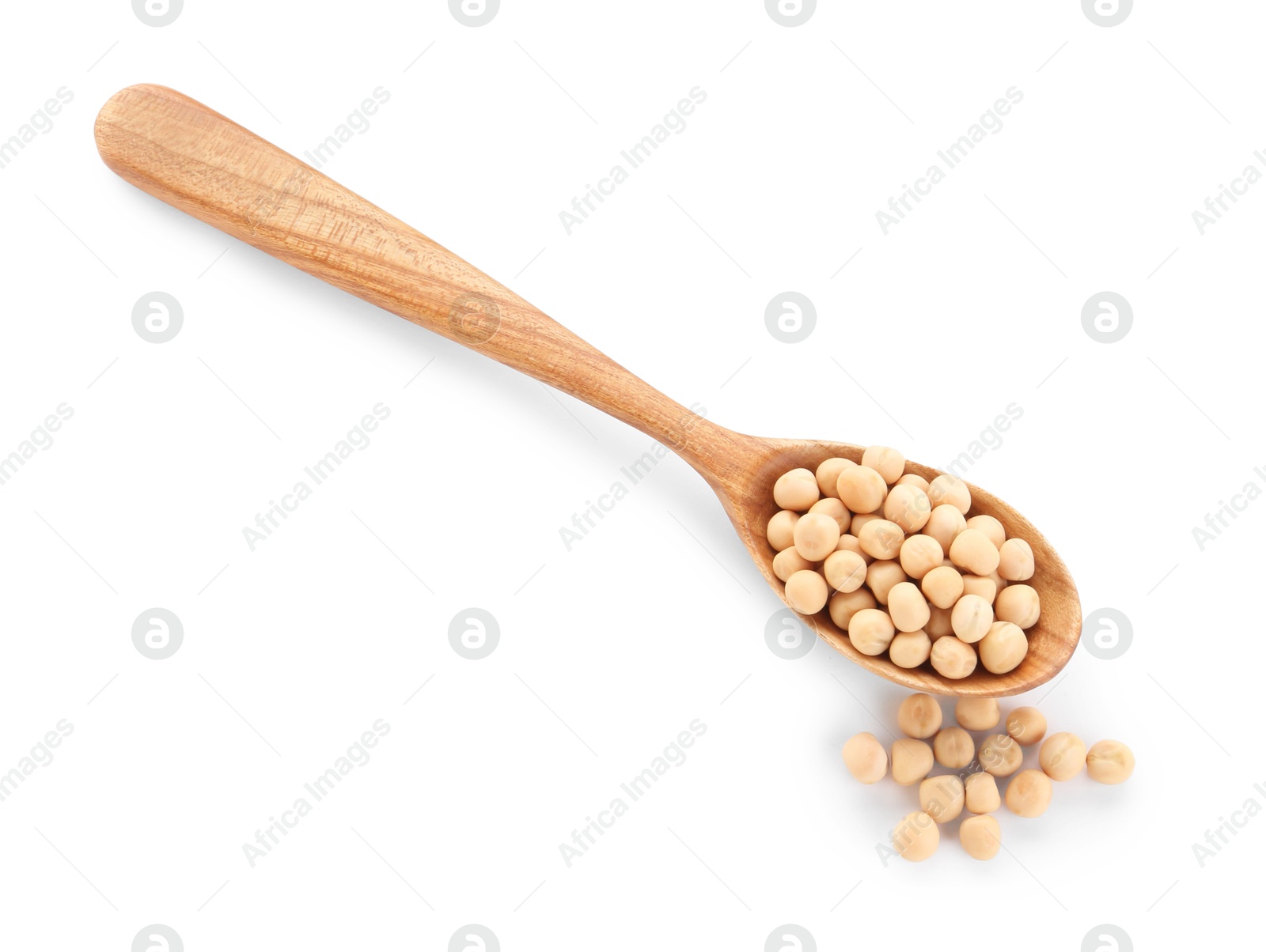 Photo of Spoon with dried peas isolated on white, top view