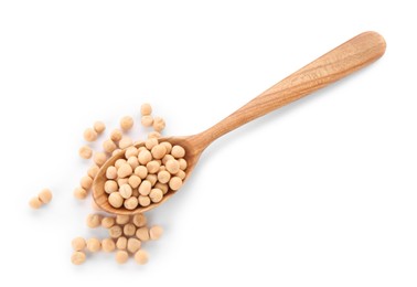 Spoon with dried peas isolated on white, top view