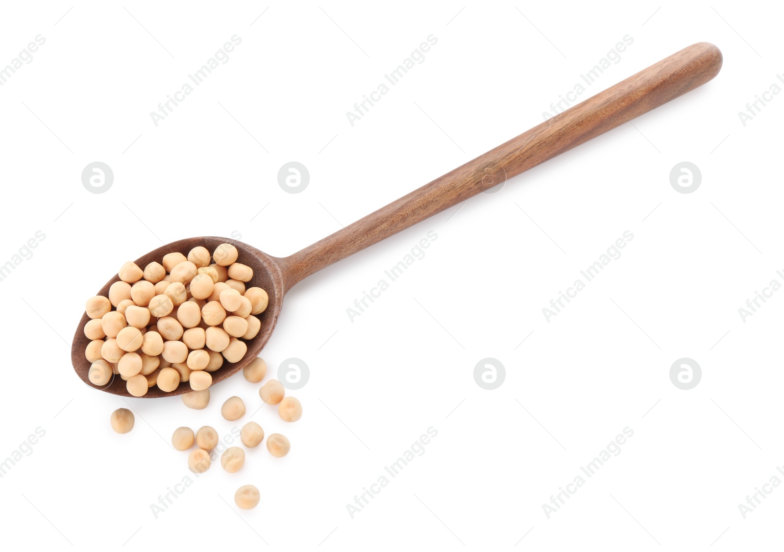 Photo of Spoon with dried peas isolated on white, top view