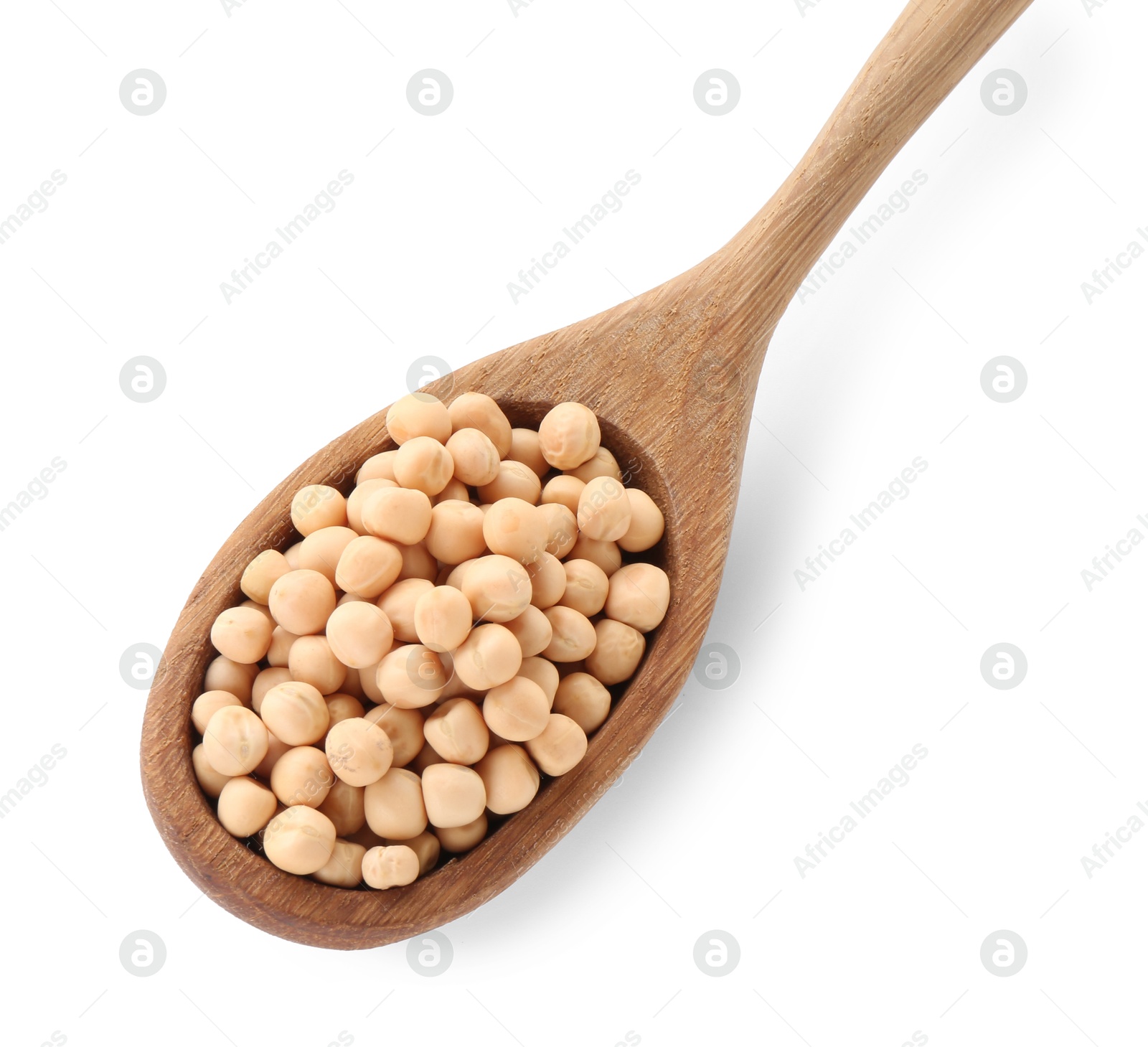 Photo of Spoon with dried peas isolated on white, top view