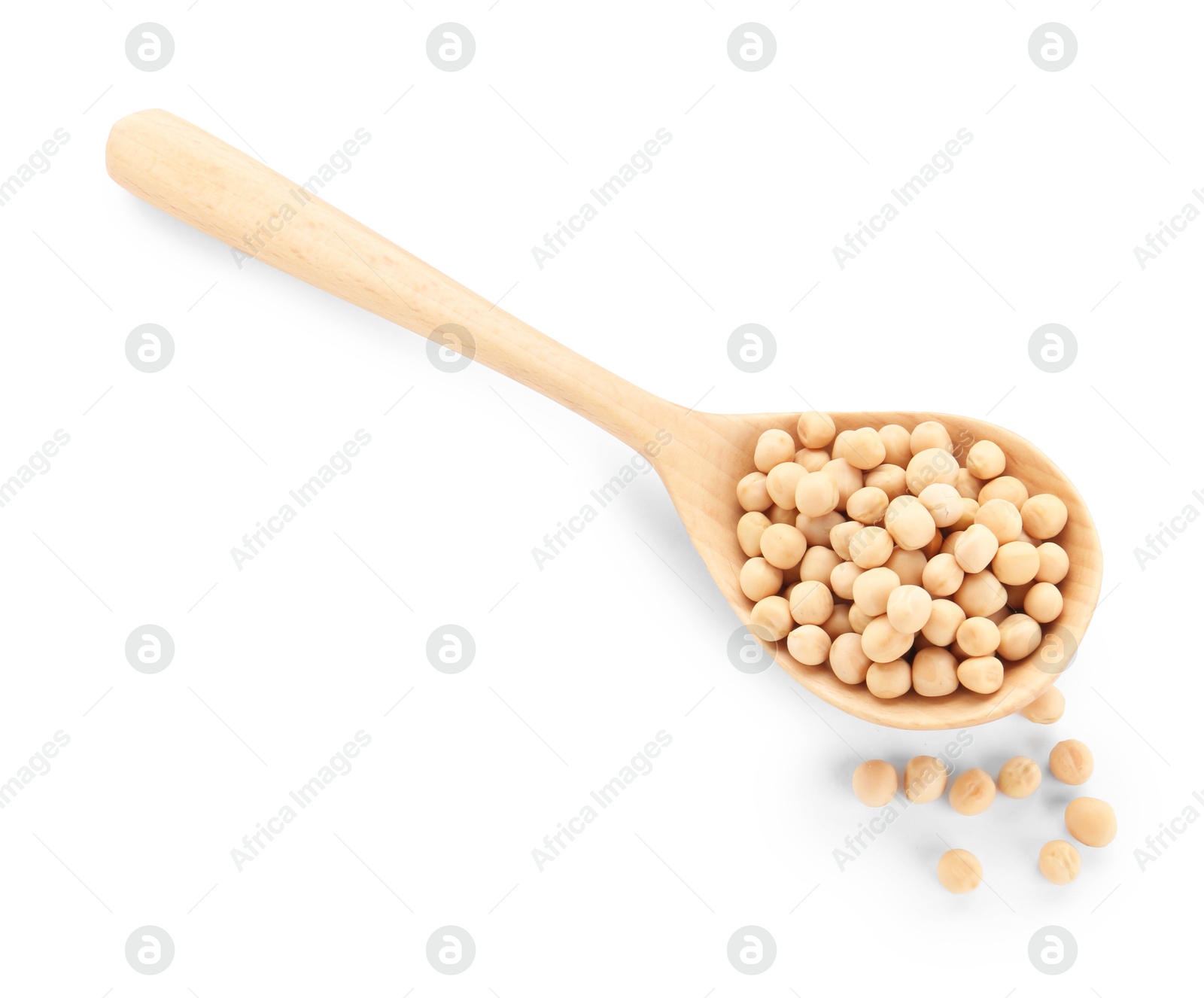 Photo of Spoon with dried peas isolated on white, top view