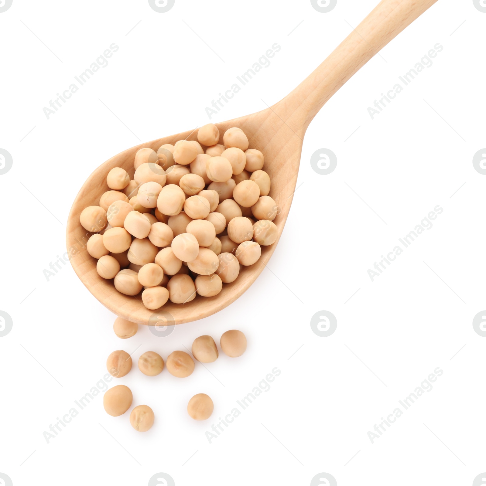 Photo of Spoon with dried peas isolated on white, top view