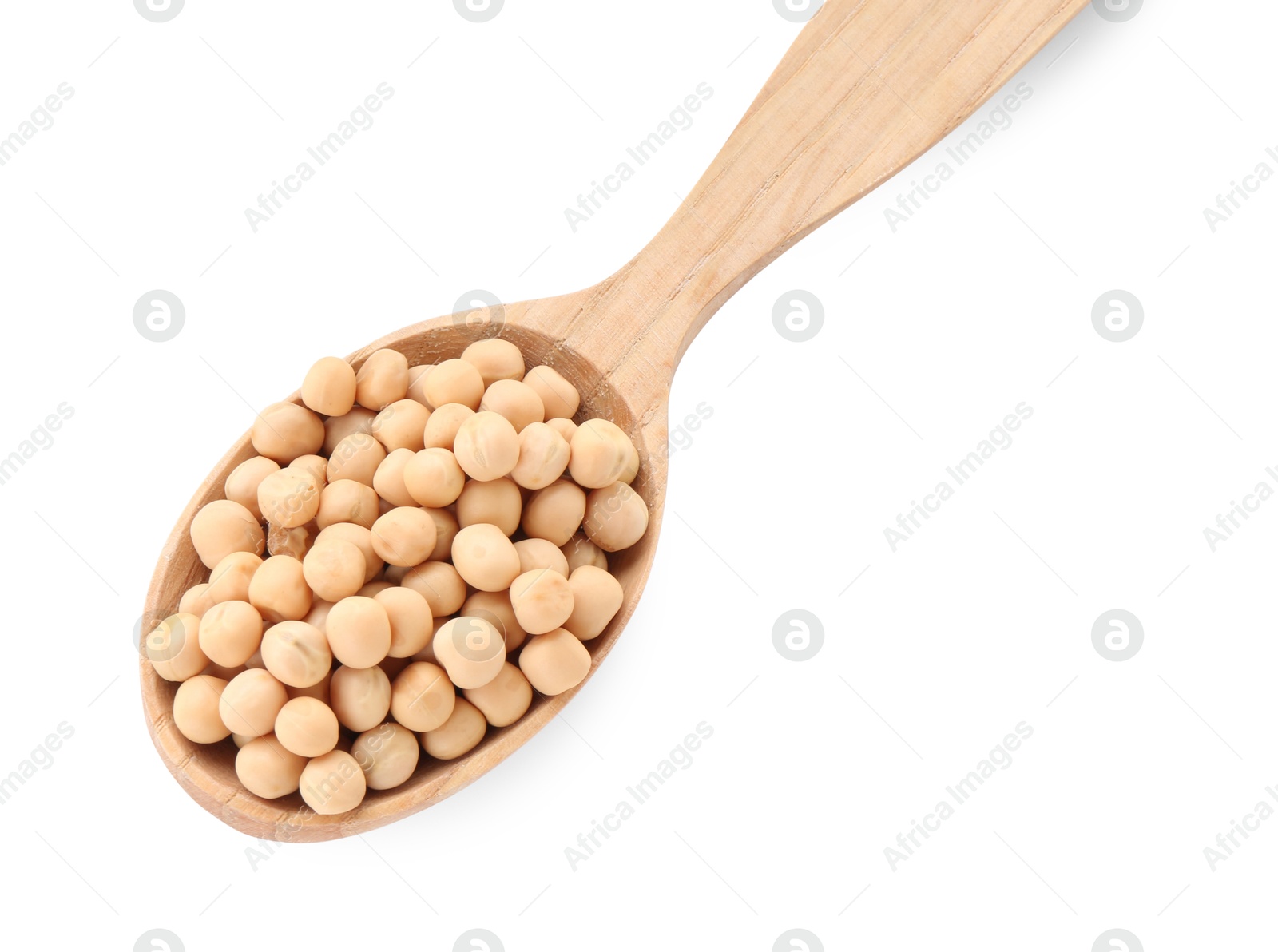 Photo of Spoon with dried peas isolated on white, top view