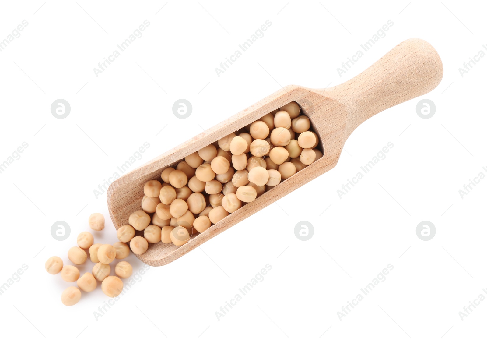 Photo of Scoop with dried peas isolated on white, top view