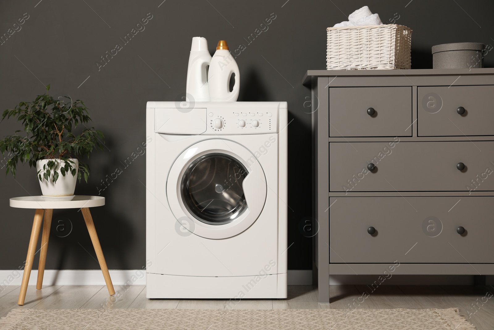 Photo of Washing machine, detergents, chest of drawers and houseplant on table indoors