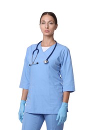 Nurse in medical uniform with stethoscope on white background