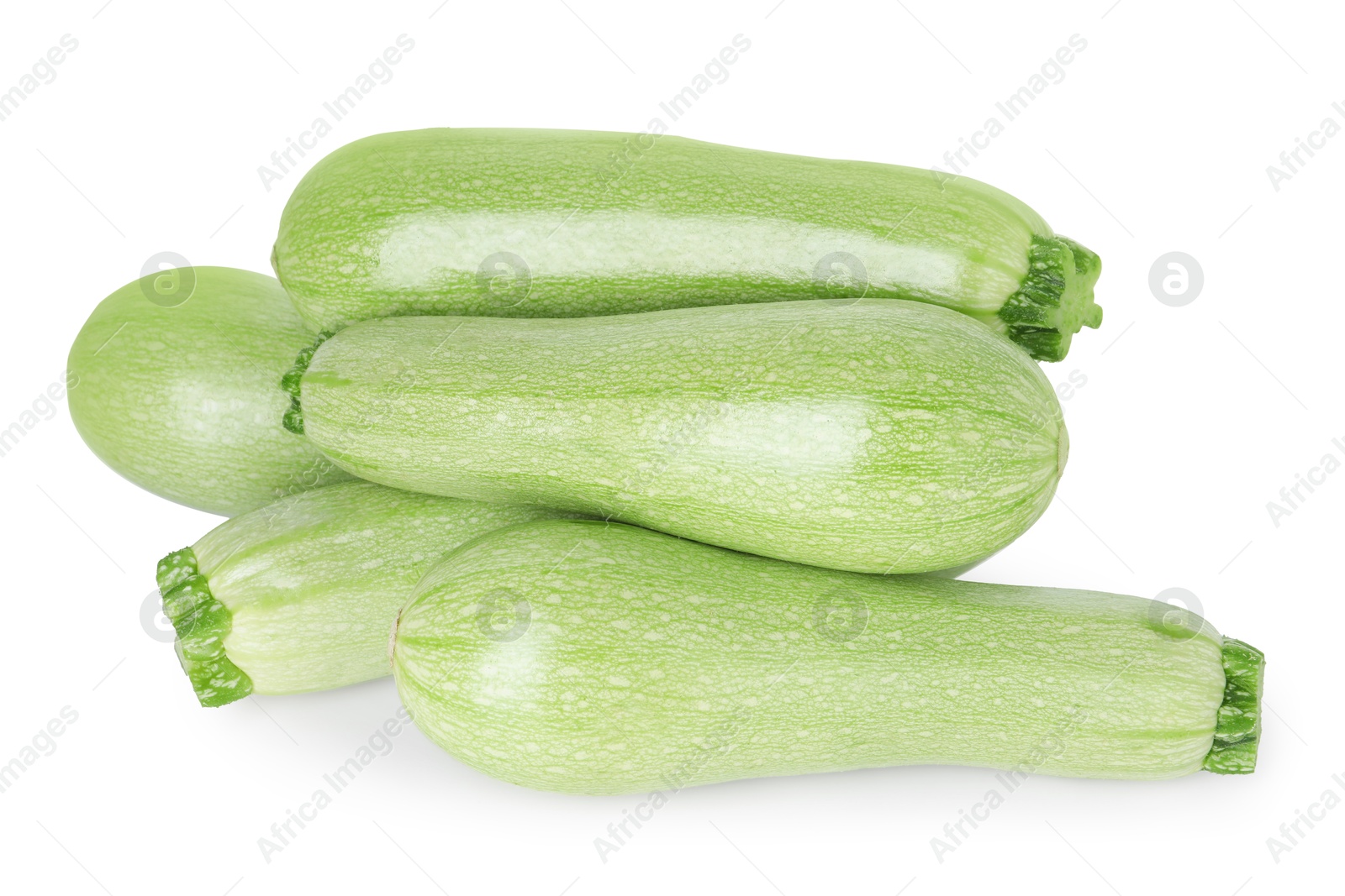 Photo of Many fresh ripe zucchinis isolated on white, above view