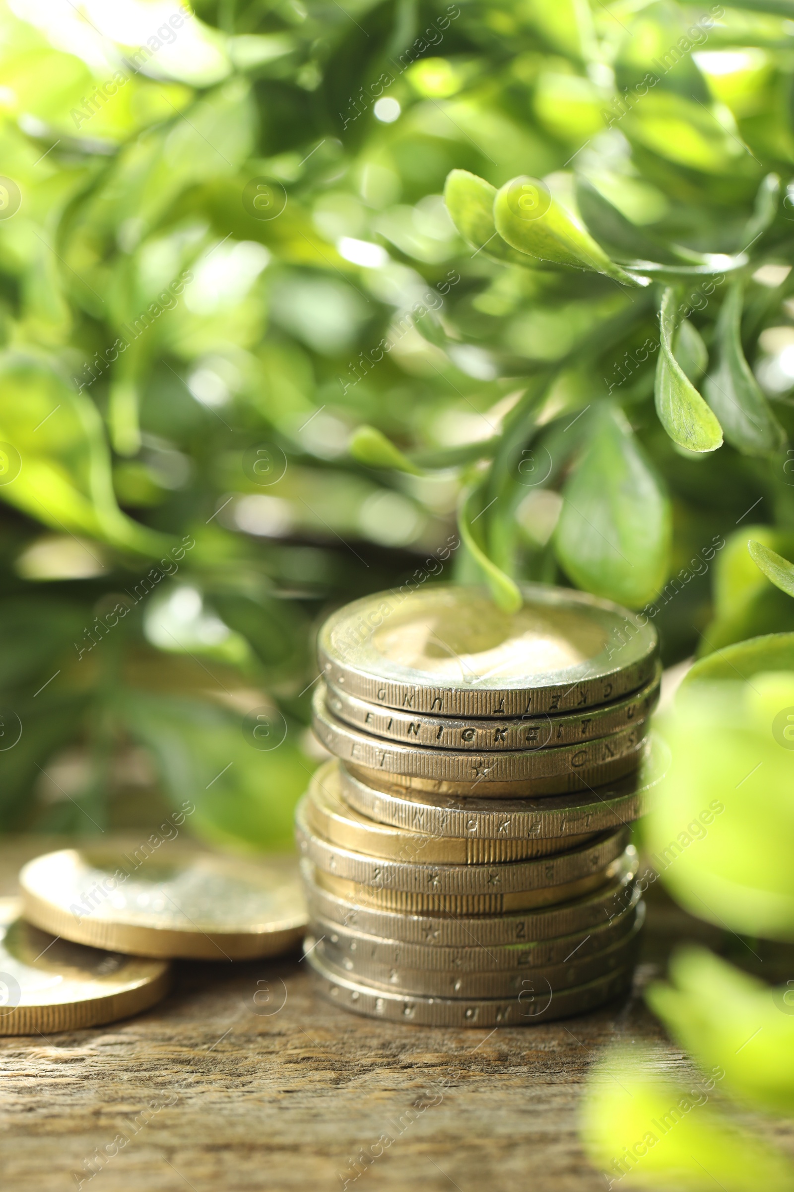 Photo of Stacked euro coins on wooden table outdoors