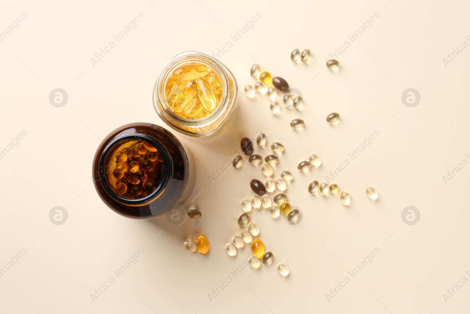 Photo of Pharmacist. Different pills in plastic bottles on beige background, flat lay