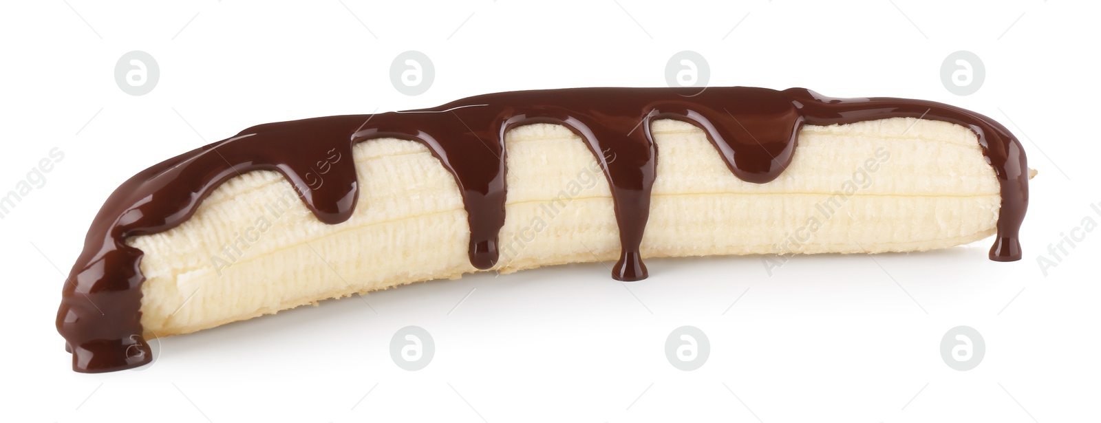 Photo of Fresh banana with melted chocolate isolated on white