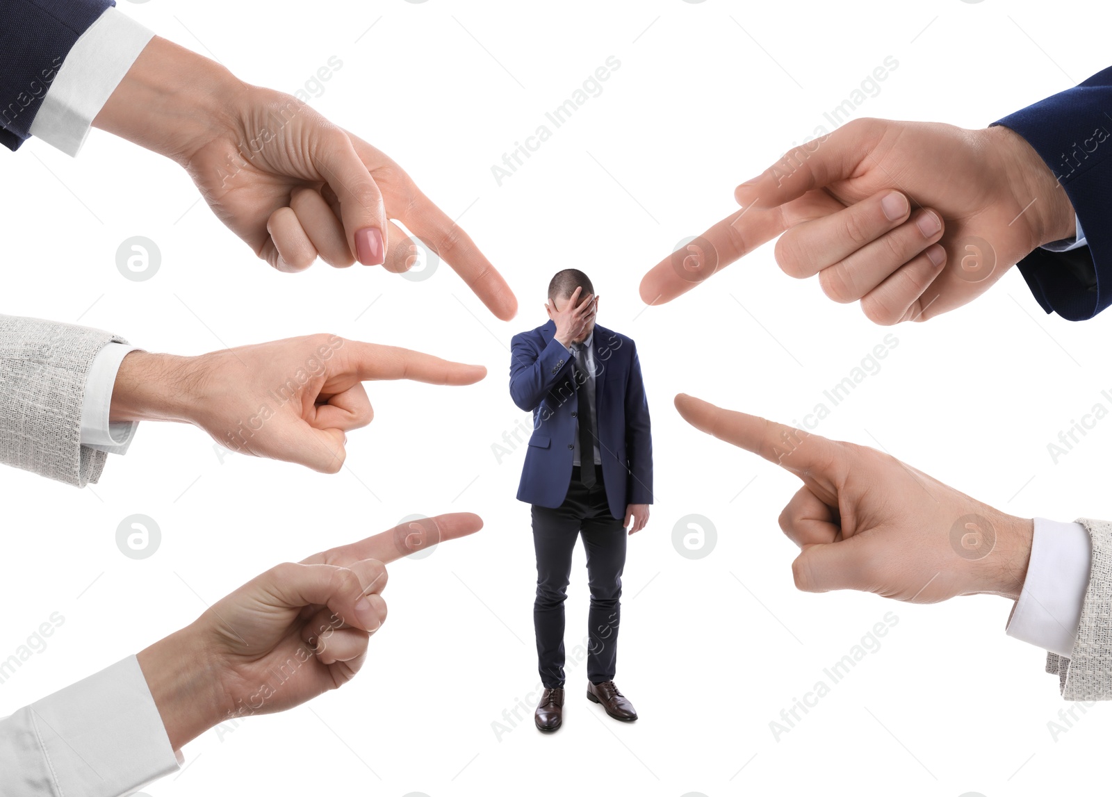 Image of People pointing at upset man on white background. Social pressure, failure at work