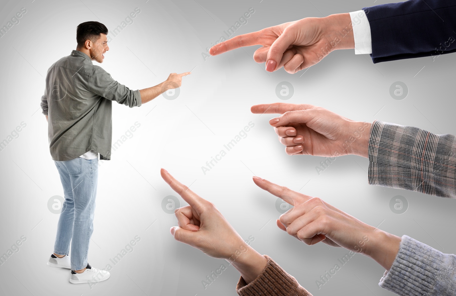 Image of Man and women pointing at each other on grey background. Social pressure, responsibility