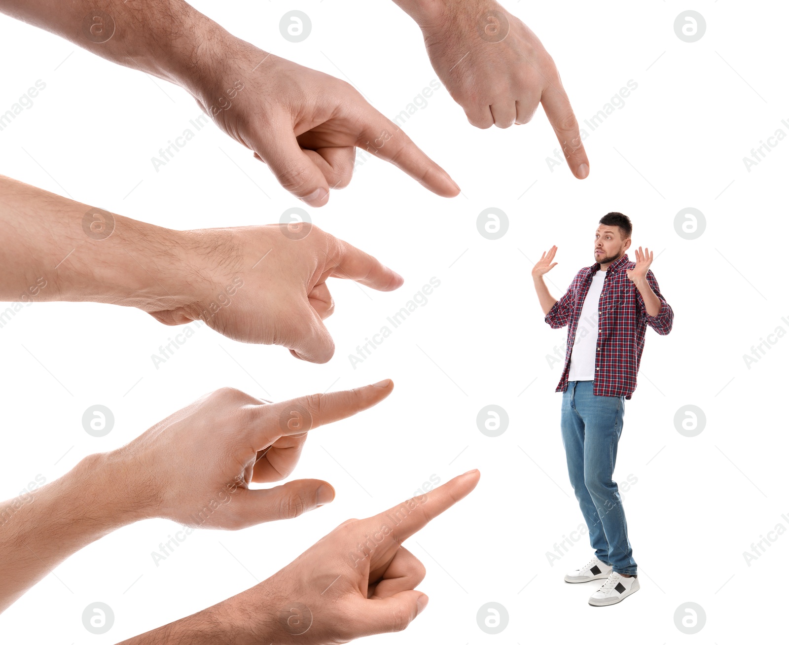 Image of People pointing at man on white background. Failure, responsibility, social pressure