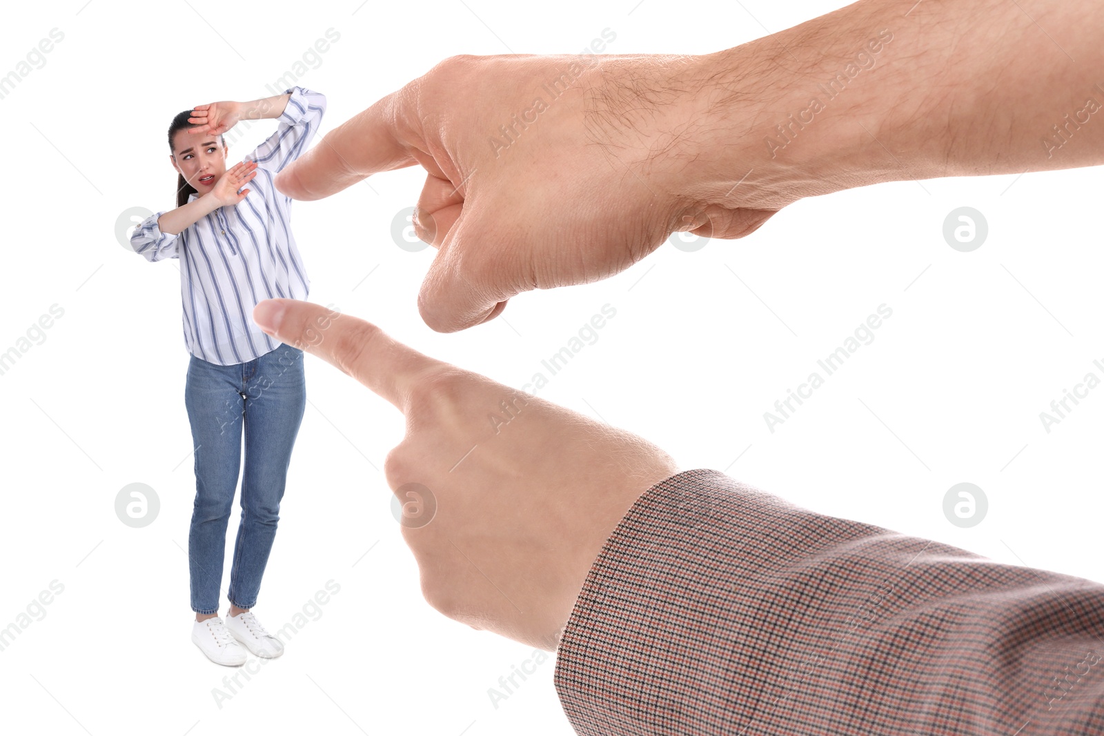 Image of People pointing at woman on white background. Failure, responsibility, social pressure