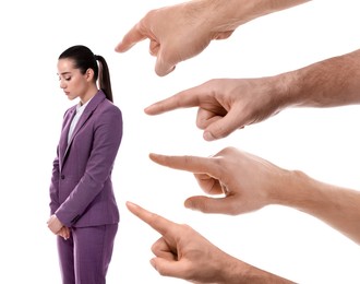 Men pointing at upset woman on white background. Social pressure, failure at work