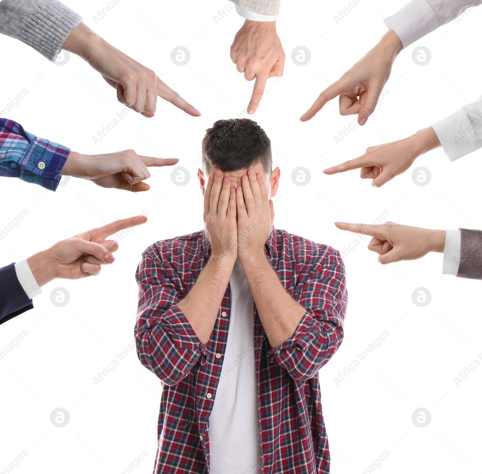 Image of People pointing at upset man on white background. Social pressure, failure, responsibility