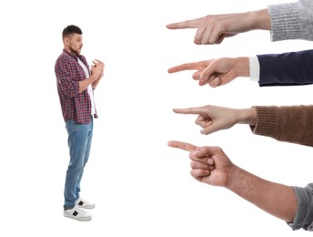 People pointing at confused man on white background. Social pressure, failure, responsibility