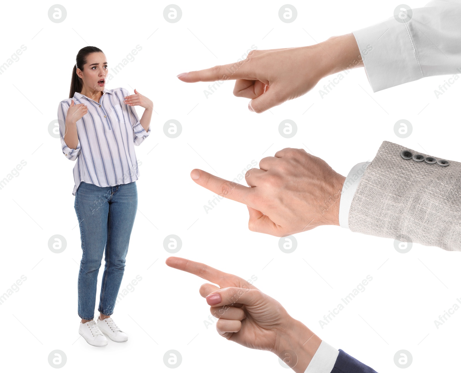 Image of People pointing at confused woman on white background. Social pressure, failure at work, responsibility