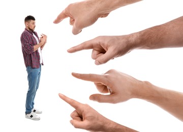 Image of People pointing at man on white background. Failure, responsibility, social pressure