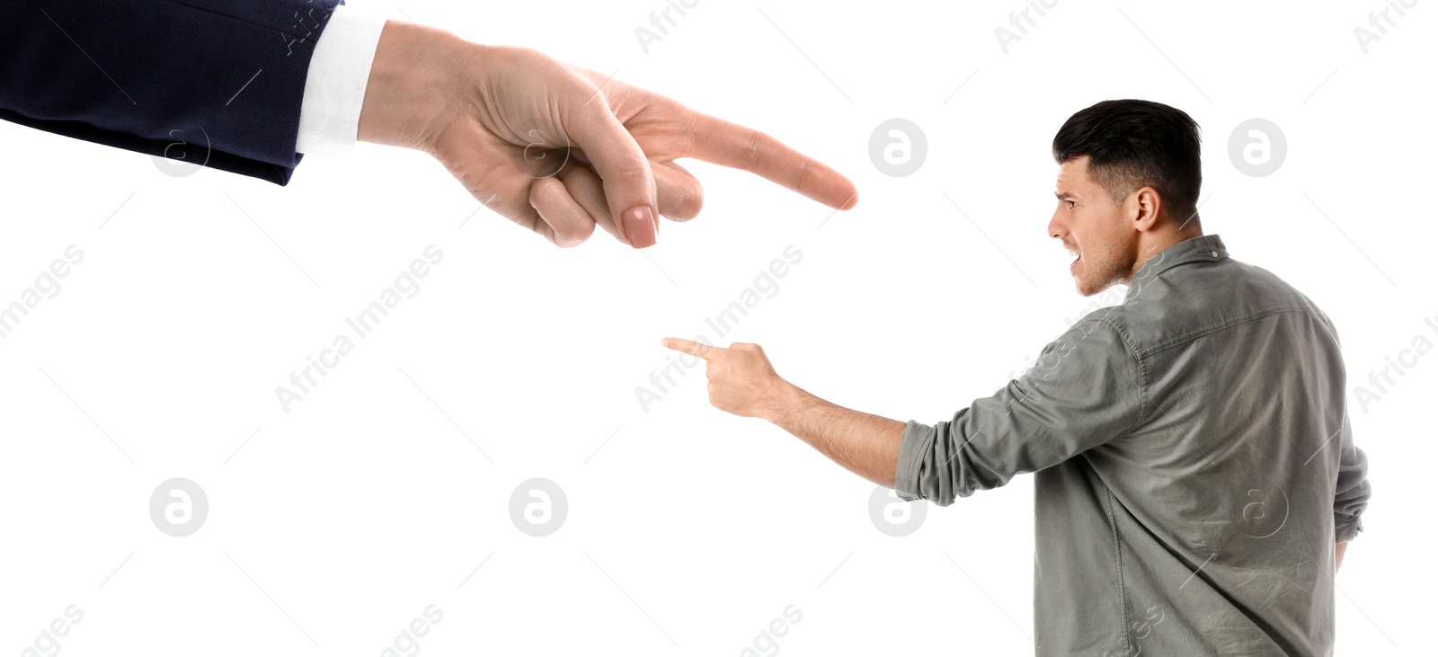 Image of Man and woman pointing at each other on white background, banner design. Responsibility, failure, social pressure