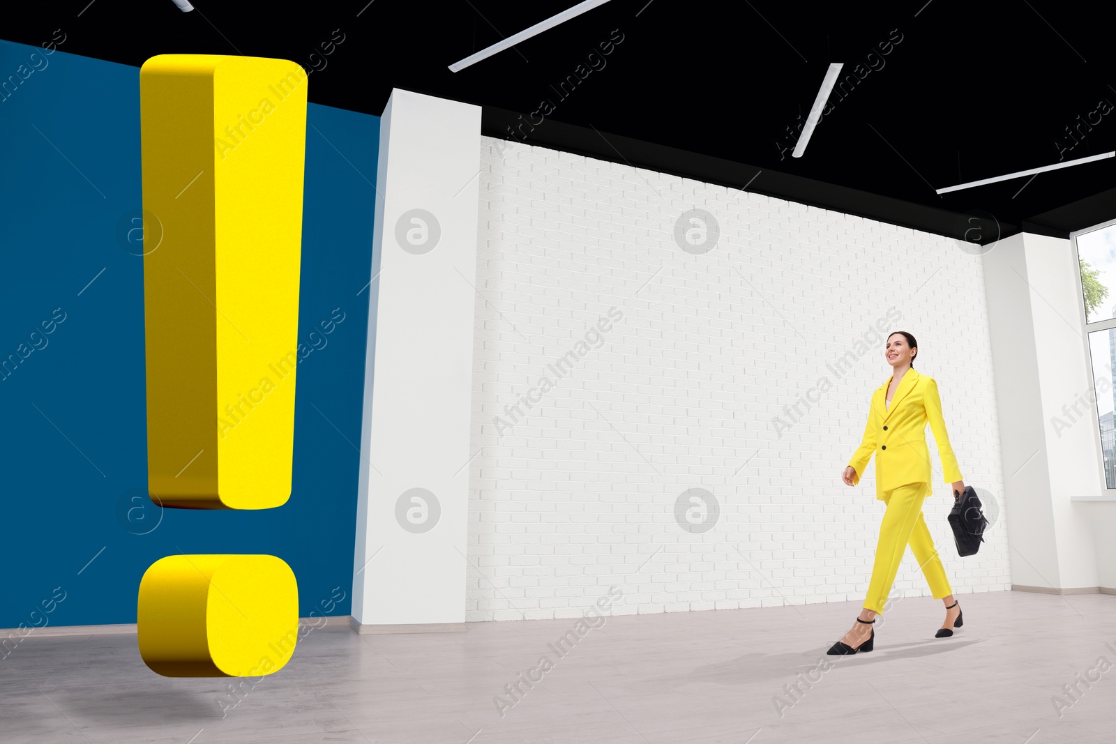 Image of Confident businesswoman walking towards huge yellow exclamation mark in hall. Concepts of success, ambition