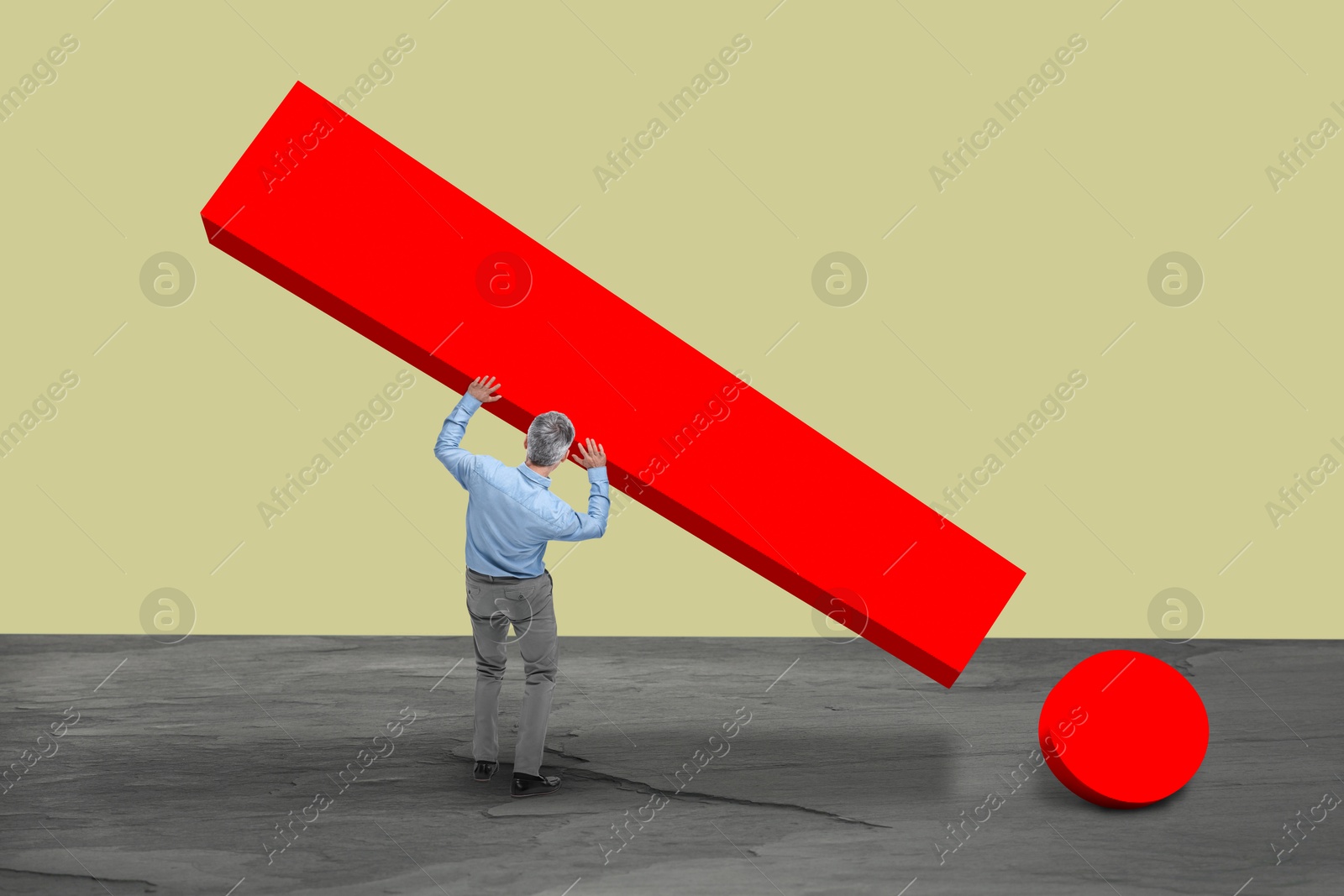 Image of Small man holding big red exclamation mark on yellow background. Concepts of problem, workload, balancing