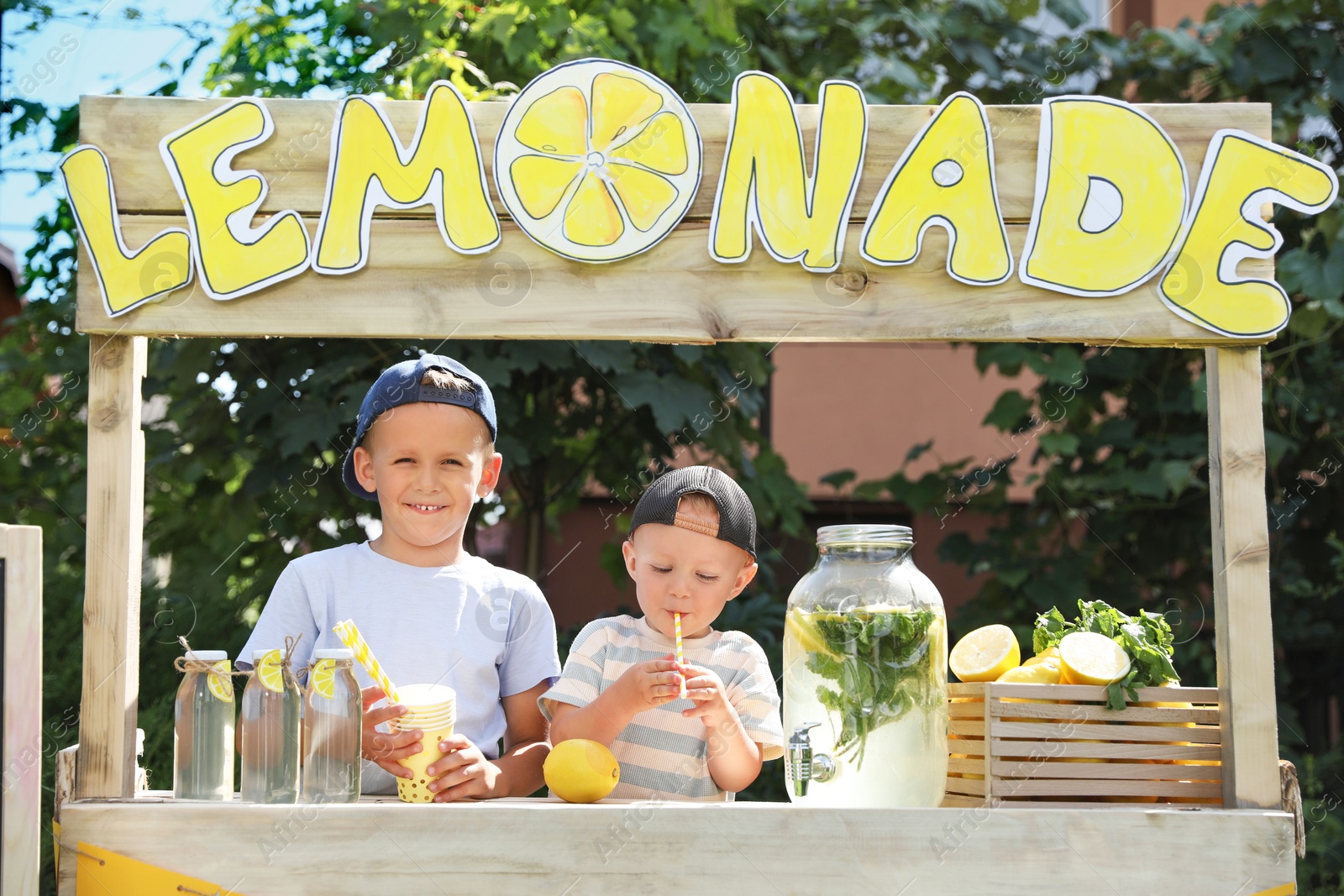 Photo of Cute boys at lemonade stand in park