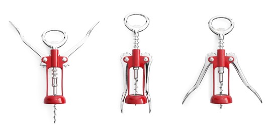 Image of Collage with wing corkscrew on white background