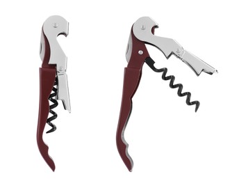 Collage with corkscrew (sommelier knife) on white background