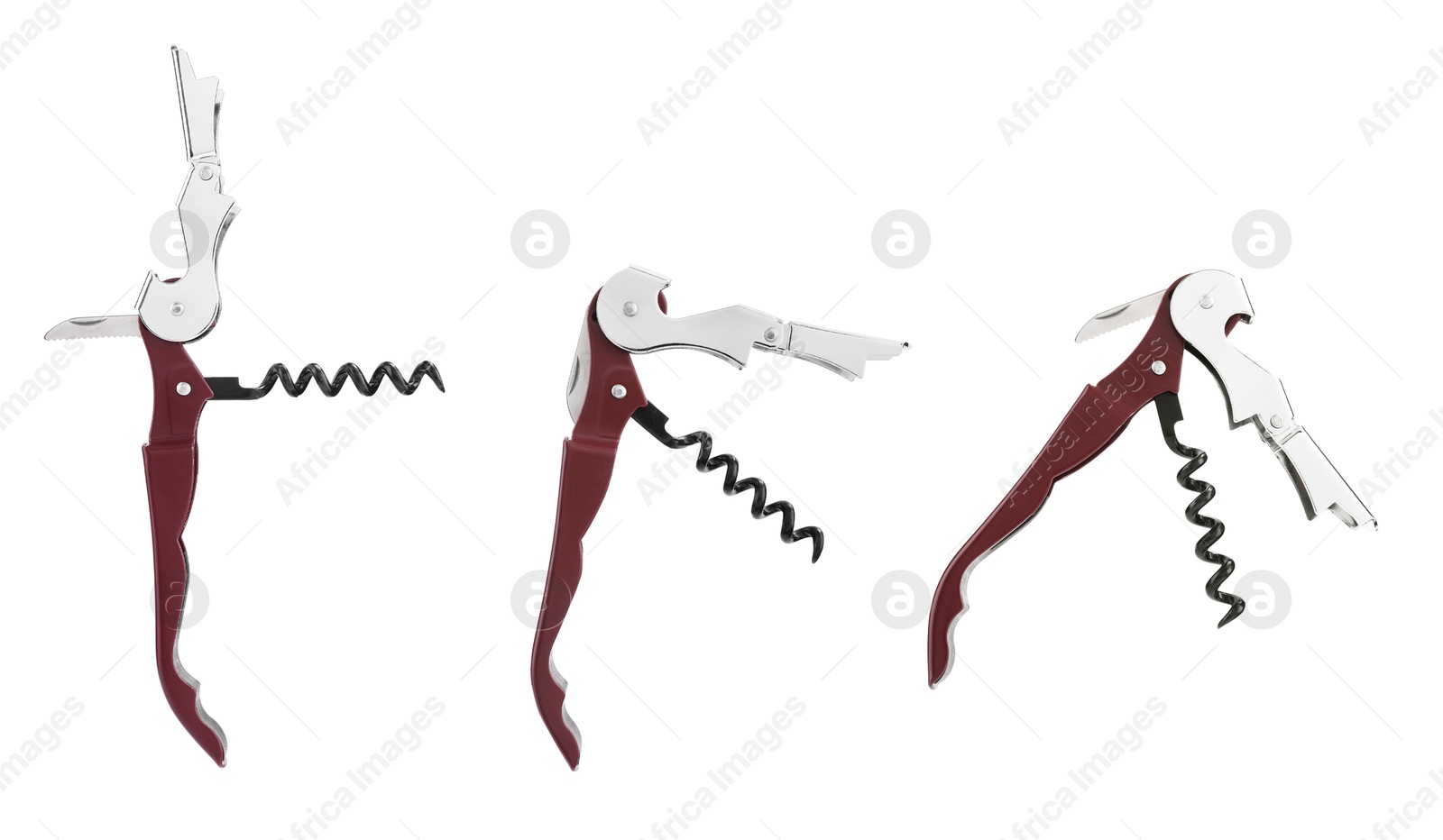 Image of Collage with corkscrew (sommelier knife) on white background