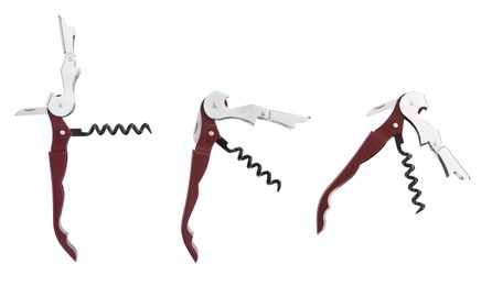 Image of Collage with corkscrew (sommelier knife) on white background