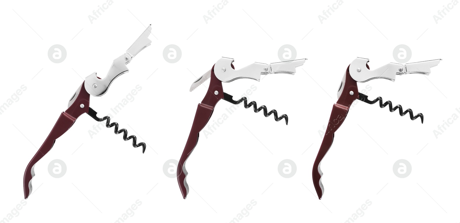 Image of Collage with corkscrew (sommelier knife) on white background