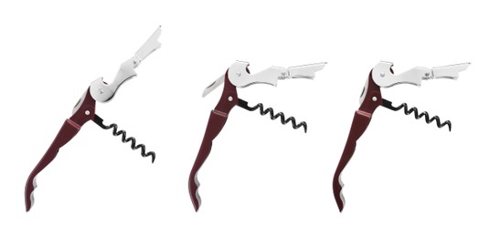 Image of Collage with corkscrew (sommelier knife) on white background