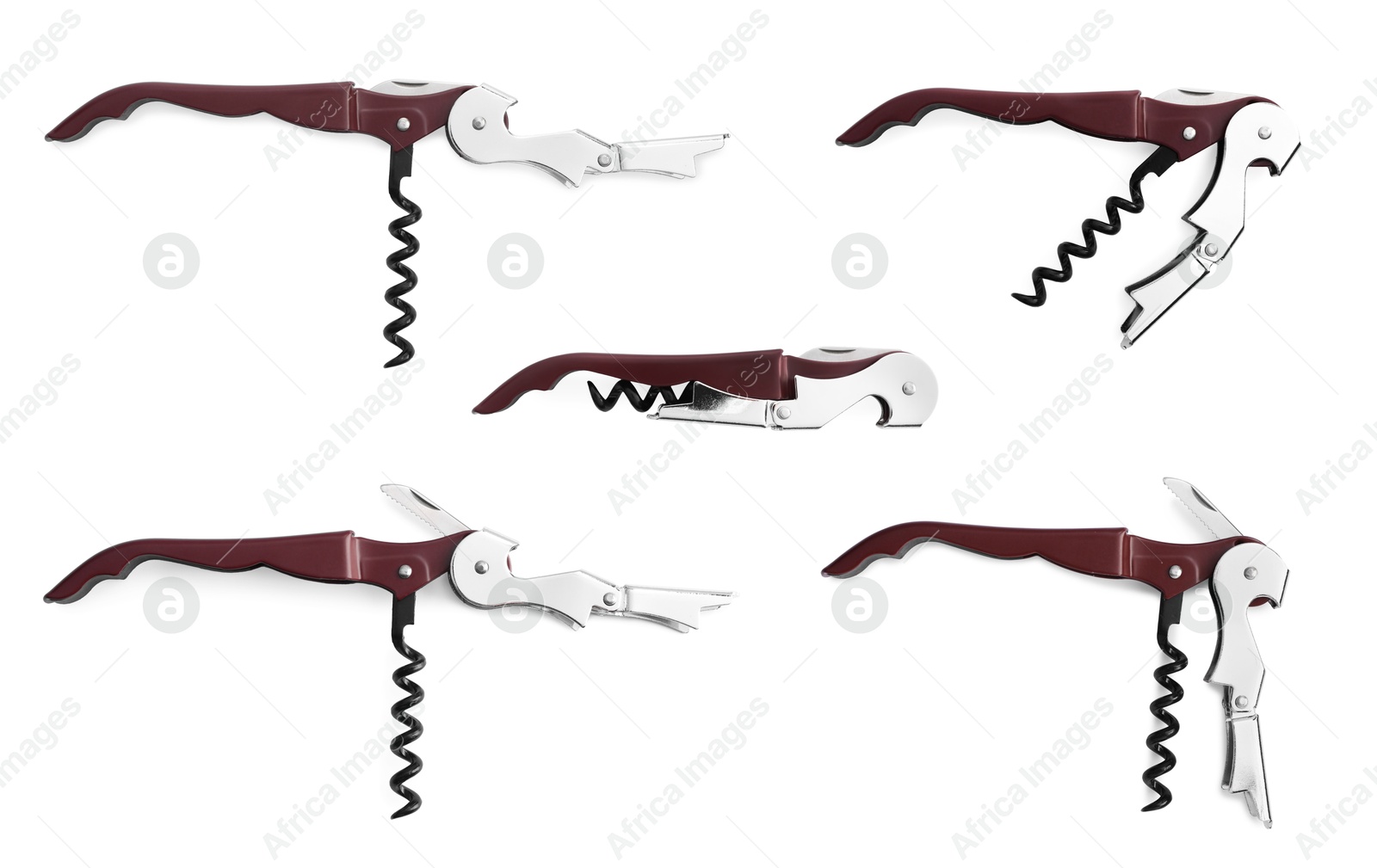 Image of Collage with corkscrew (sommelier knife) on white background