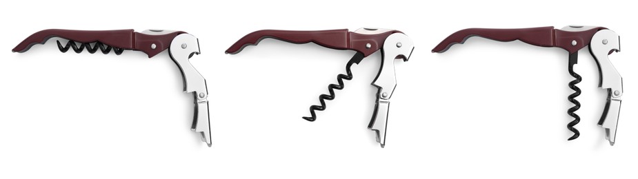 Image of Collage with corkscrew (sommelier knife) on white background