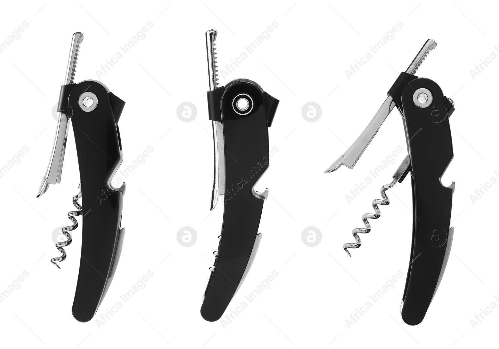 Image of Collage with corkscrew (sommelier knife) on white background