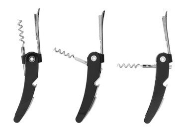 Image of Collage with corkscrew (sommelier knife) on white background