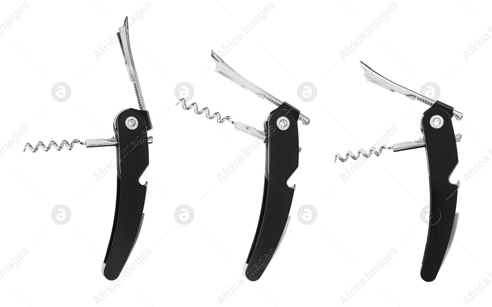 Image of Collage with corkscrew (sommelier knife) on white background