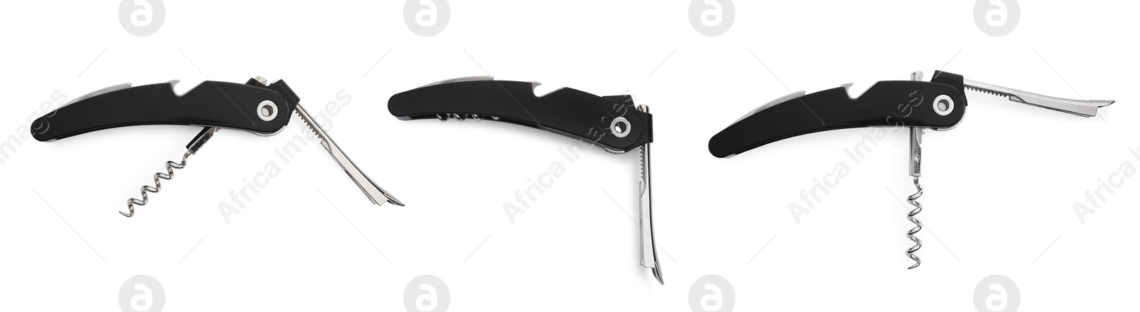 Image of Collage with corkscrew (sommelier knife) on white background