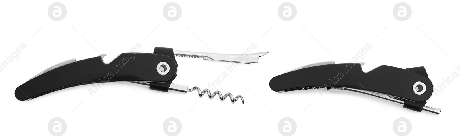 Image of Collage with corkscrew (sommelier knife) on white background