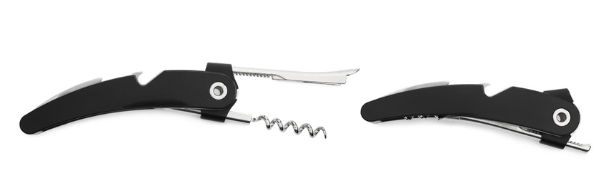 Image of Collage with corkscrew (sommelier knife) on white background